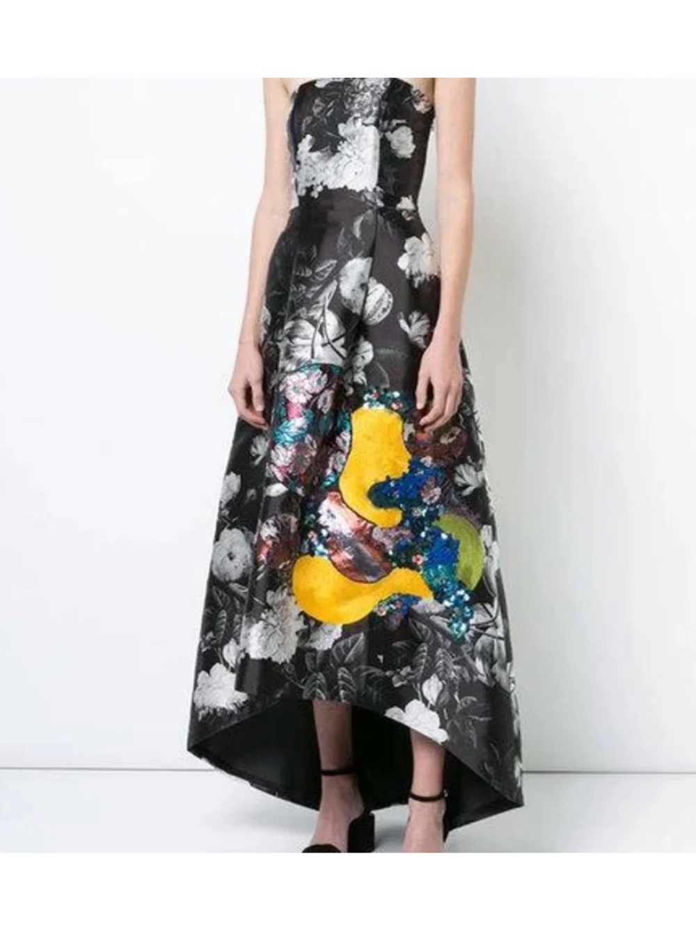 Sachin + Babi Black Floral High-Low Dress with Yellow and Blue Sequin Motif
